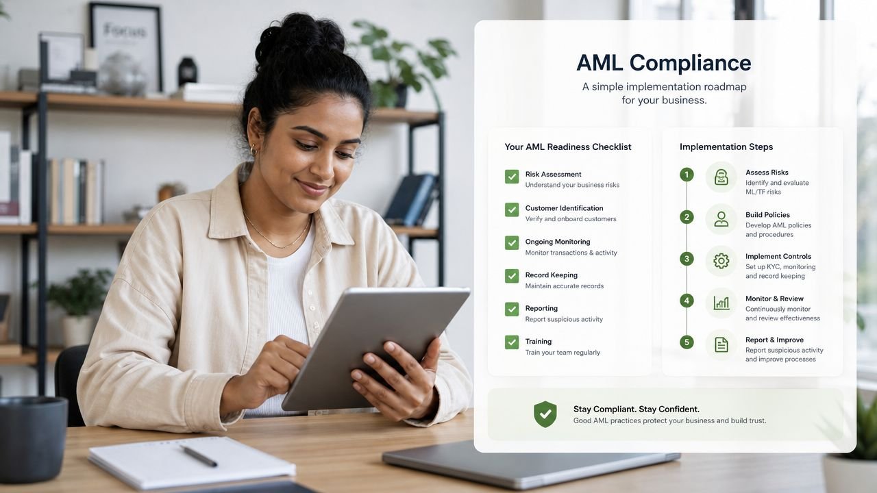 A woman using a tablet, reviewing an AML compliance roadmap infographic with checklists and implementation steps.