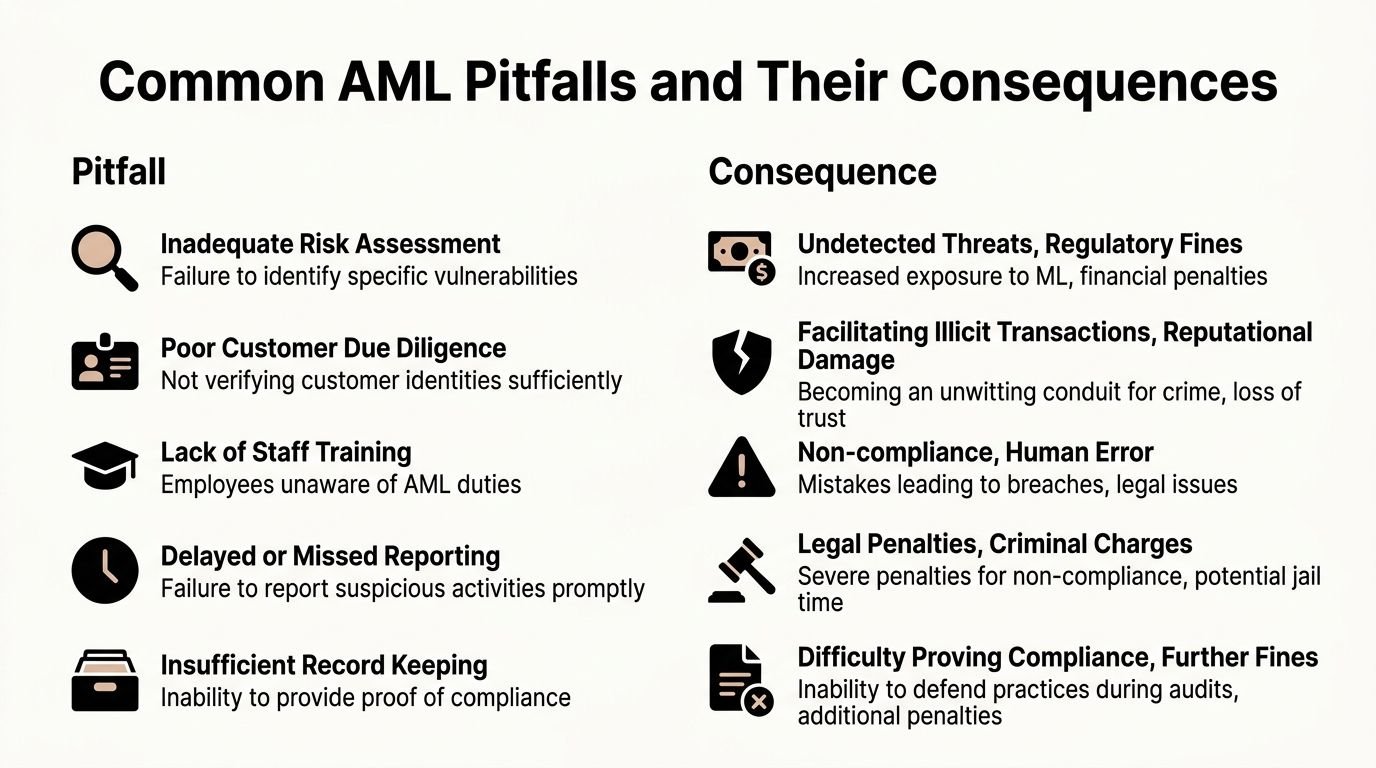 A chart illustrating common Anti-Money Laundering pitfalls and their corresponding negative consequences for organizations.
