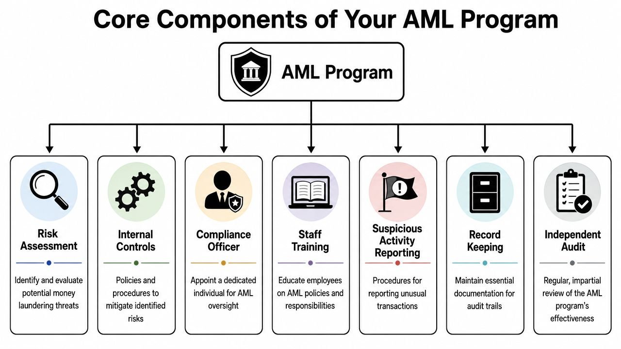 A diagram illustrating the seven core components of an anti-money laundering compliance program for financial institutions.