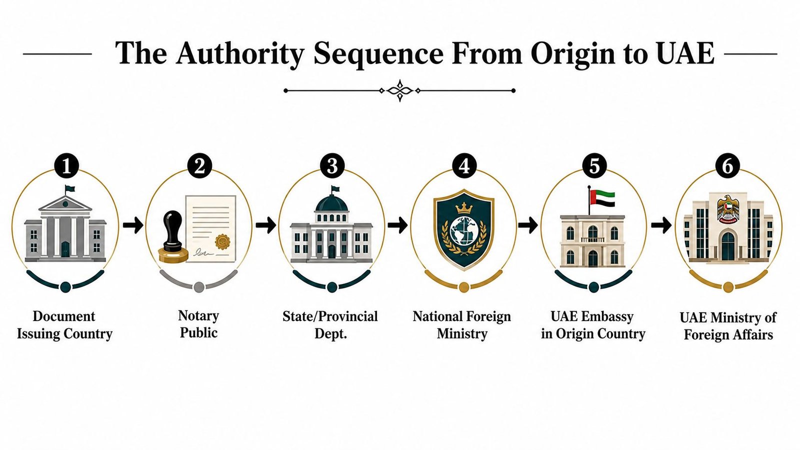 A six-step diagram illustrating the authority sequence for document attestation services for use in the UAE.