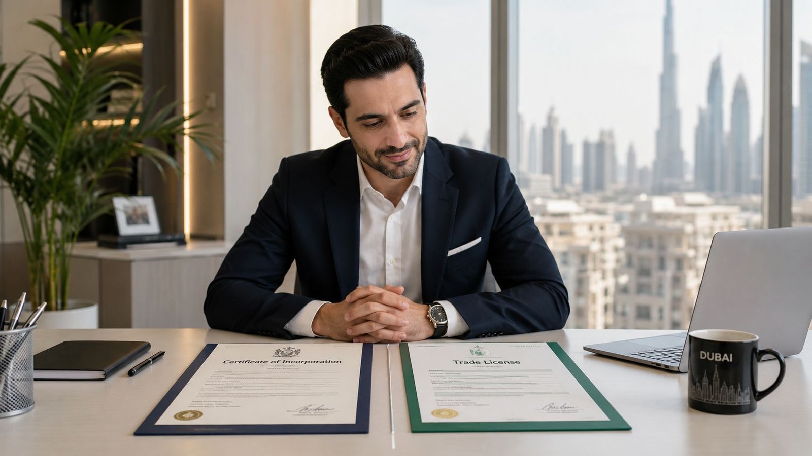 A professional man sitting at a desk with official UAE business documents overlooking the Dubai skyline.