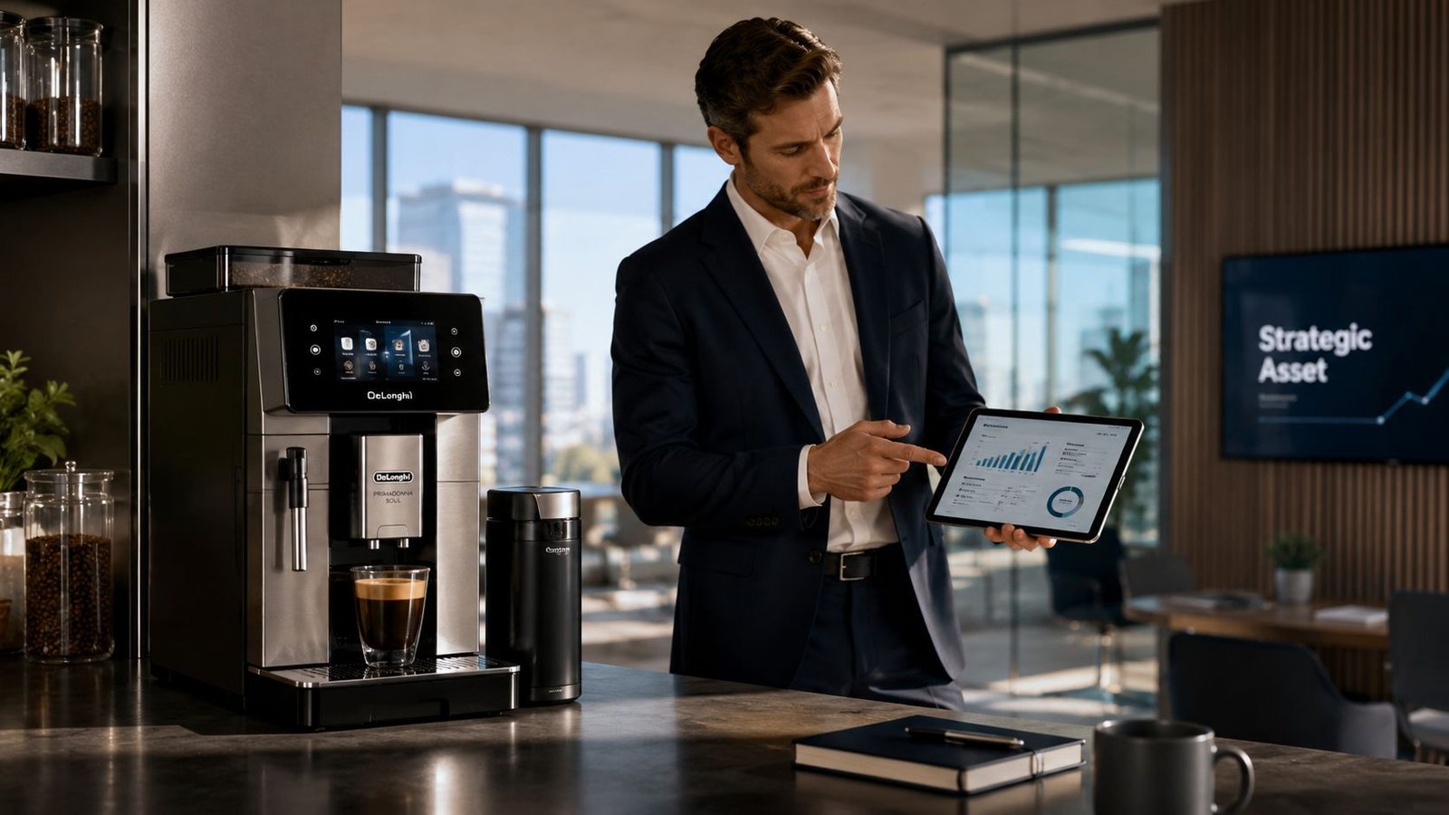 A professional man holding a tablet while standing next to a De'Longhi coffee machine in an office.