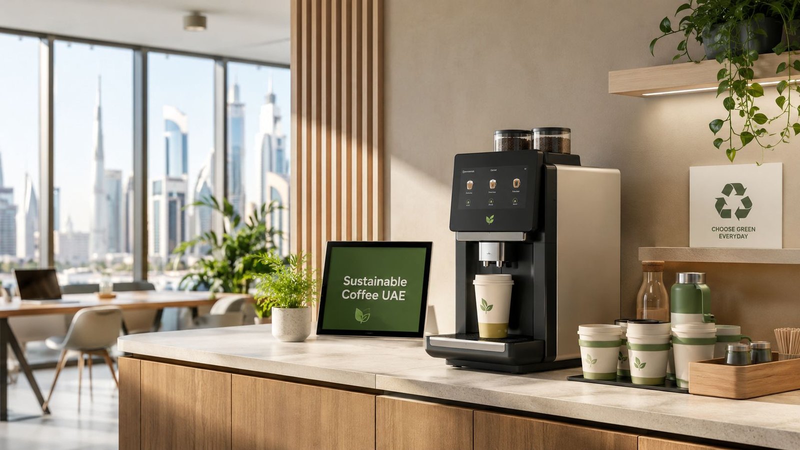 A modern, sustainable coffee machine in a sunny office kitchen overlooking the Dubai city skyline.