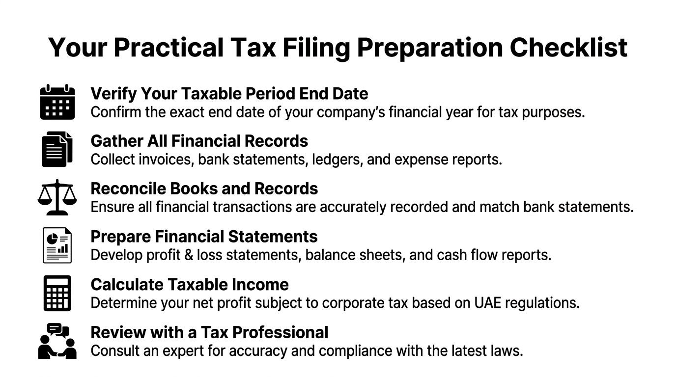 A checklist outlining six essential steps for preparing and filing corporate tax returns for a business.