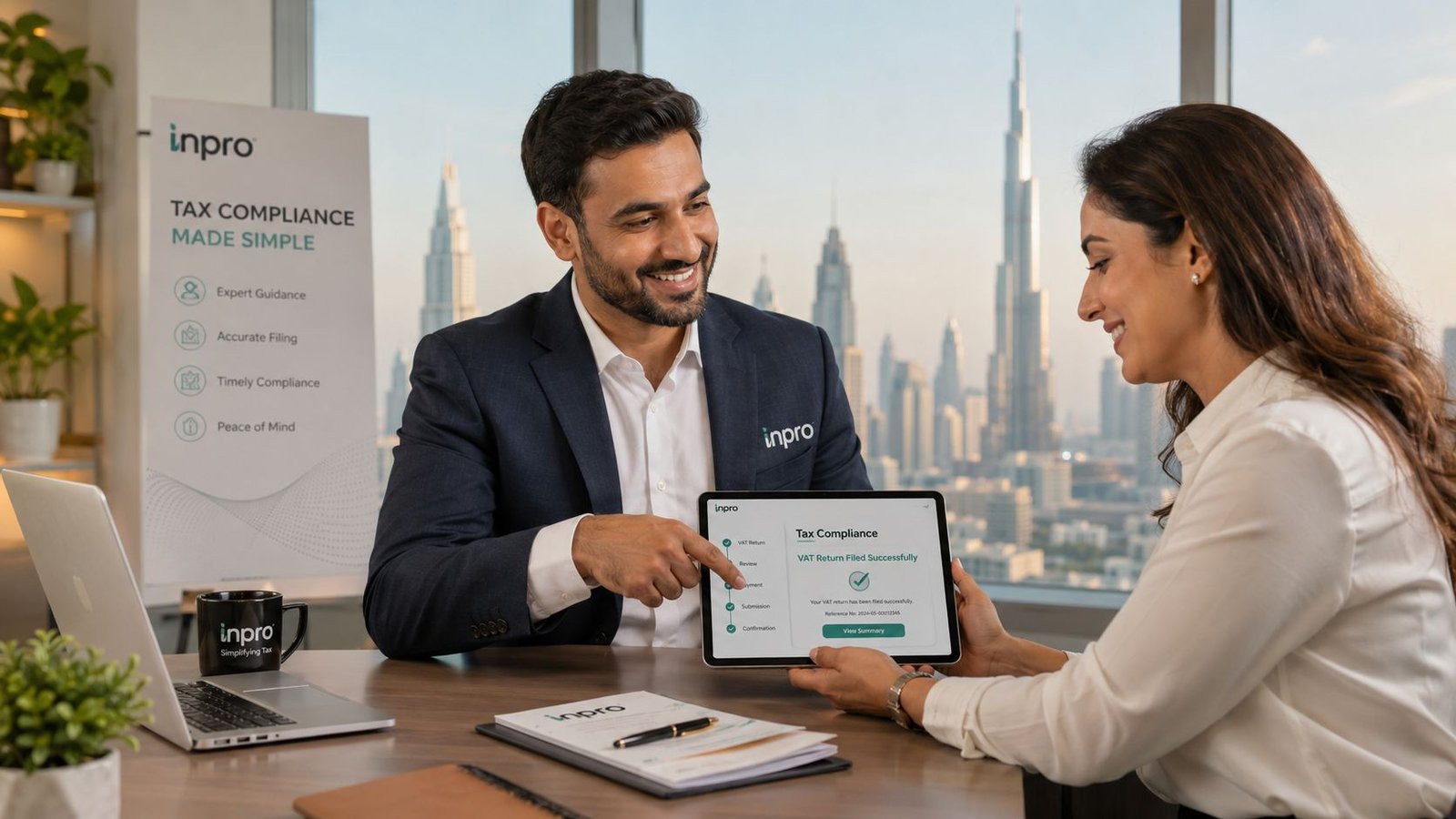 A professional man and woman discussing successful tax filing on a tablet in an office setting.