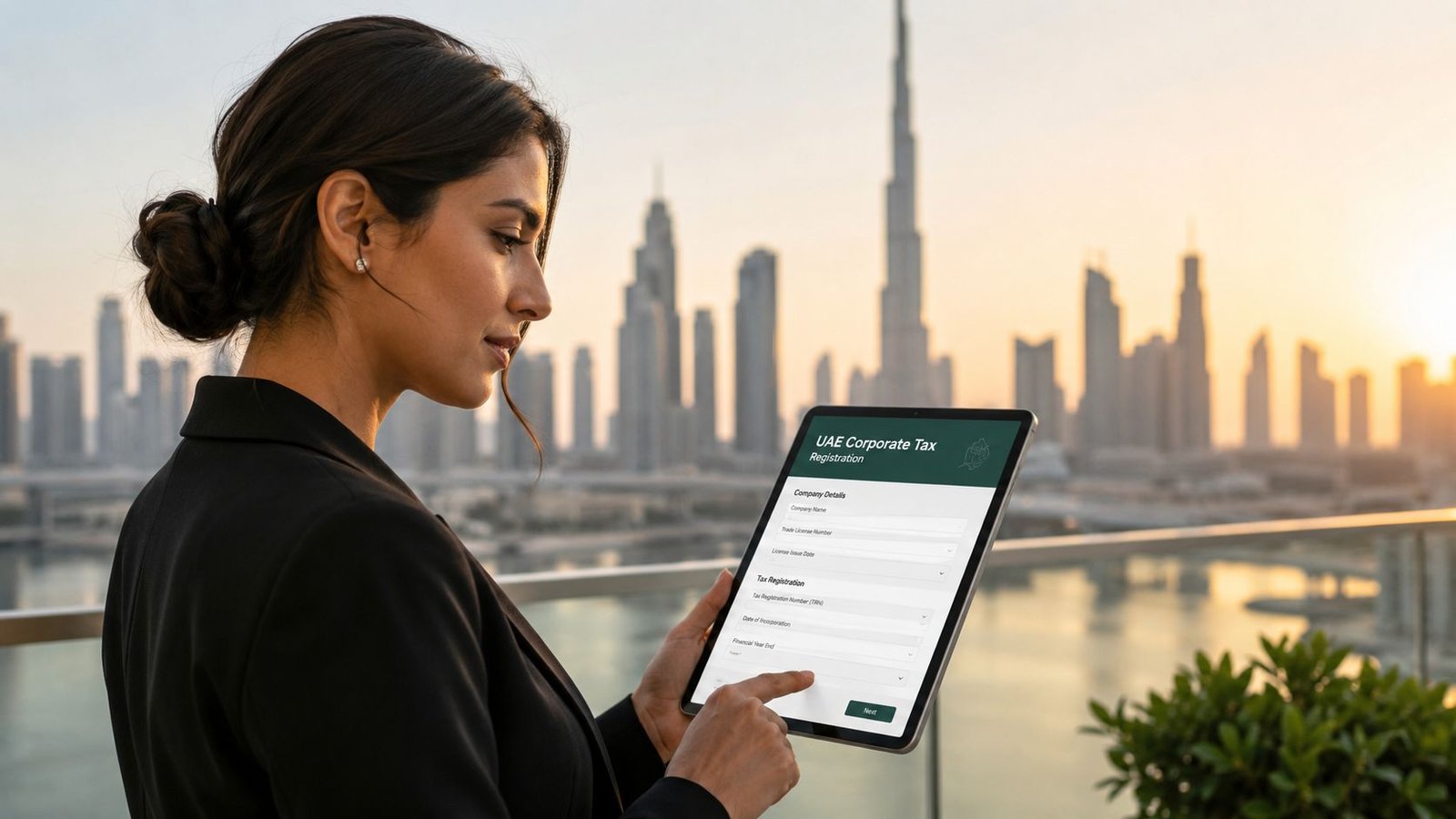 A professional woman uses a tablet to complete a UAE Corporate Tax Registration form overlooking Dubai skyline.