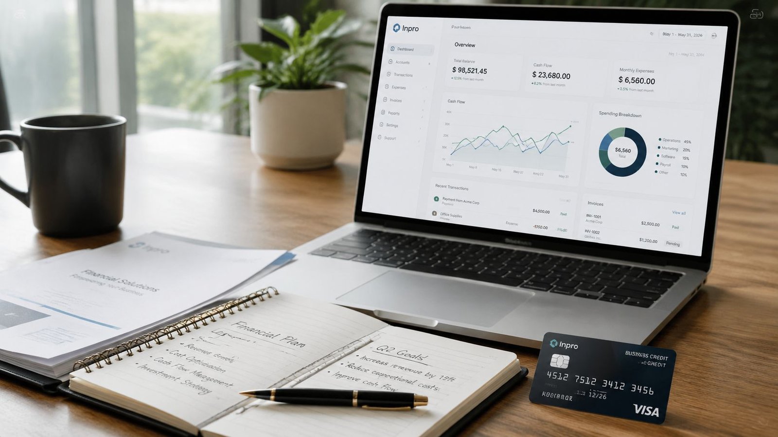 A laptop displaying financial software, a notebook with business goals, and a business credit card on a desk.