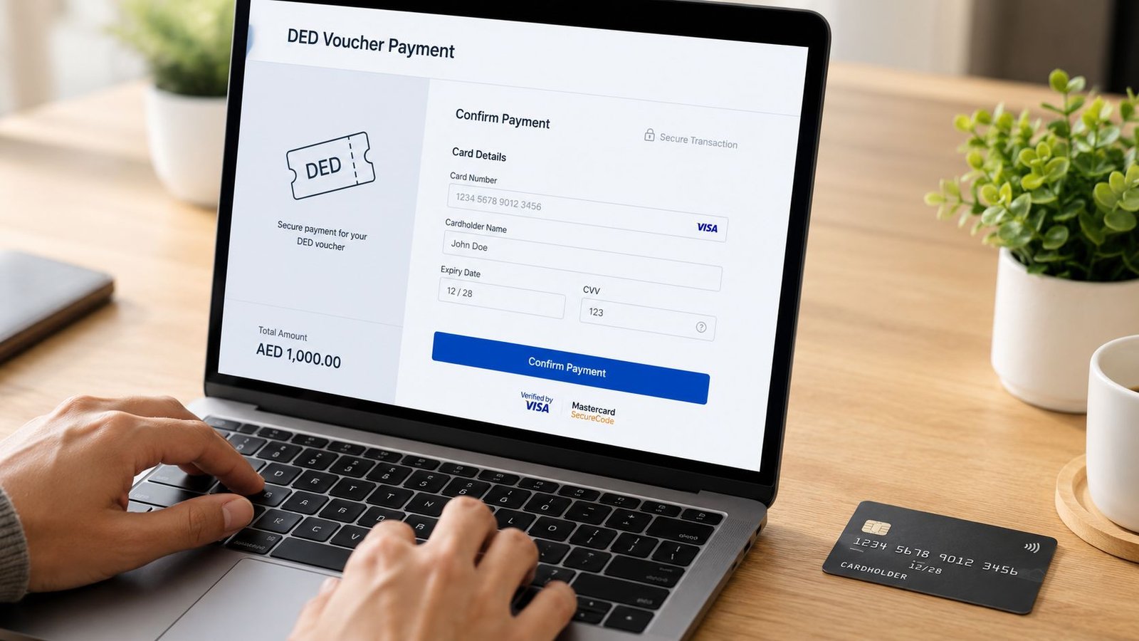 A person entering credit card details on a laptop to make an online DED voucher payment.