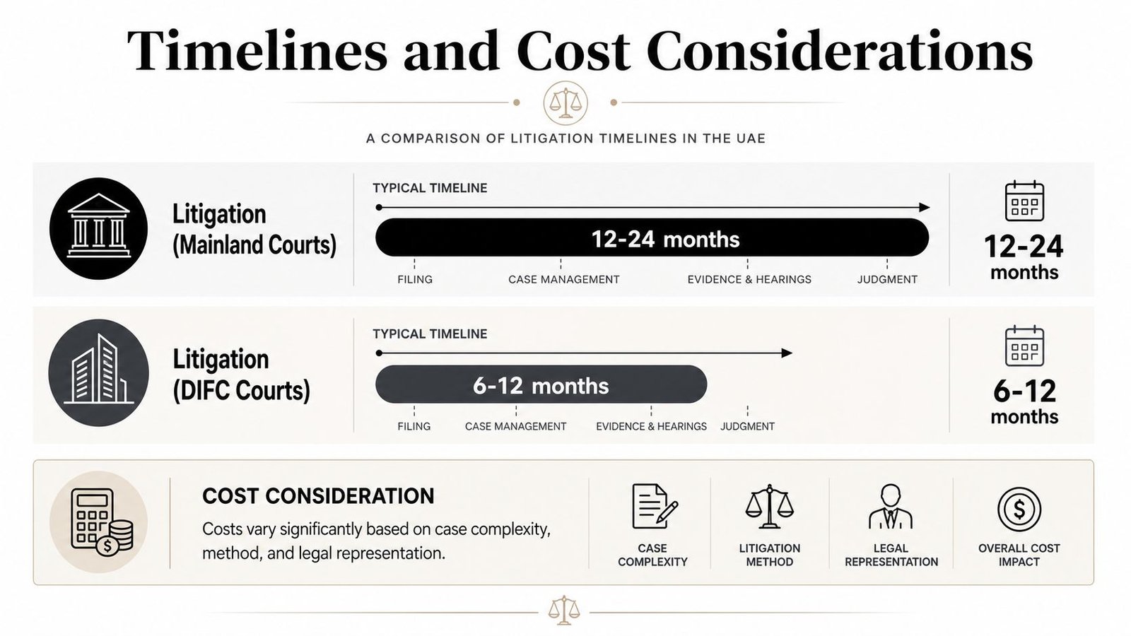 A comparison chart showing litigation timelines for UAE Mainland Courts versus DIFC Courts, including cost considerations.