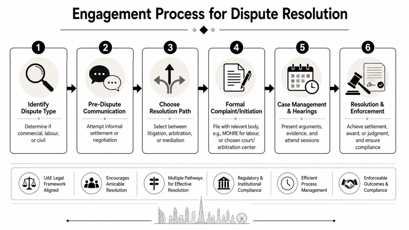 A six-step infographic detailing the engagement process for dispute resolution, highlighting formal legal procedures and compliance stages.