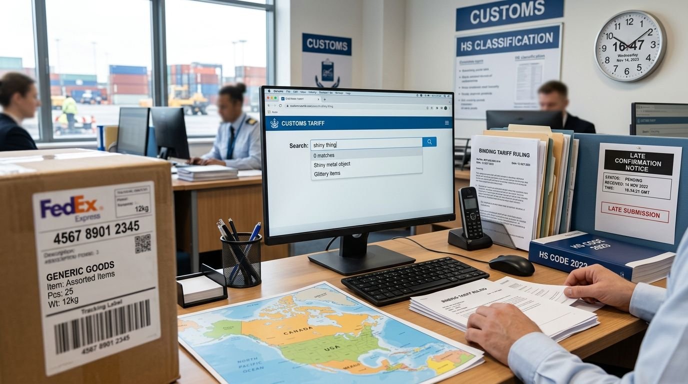 A customs officer searches for information on a computer screen in an office with shipping documents.