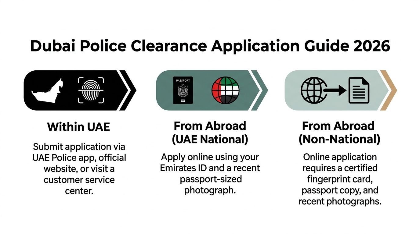 A guide explaining how to apply for a Dubai Police clearance certificate from within or outside the UAE.