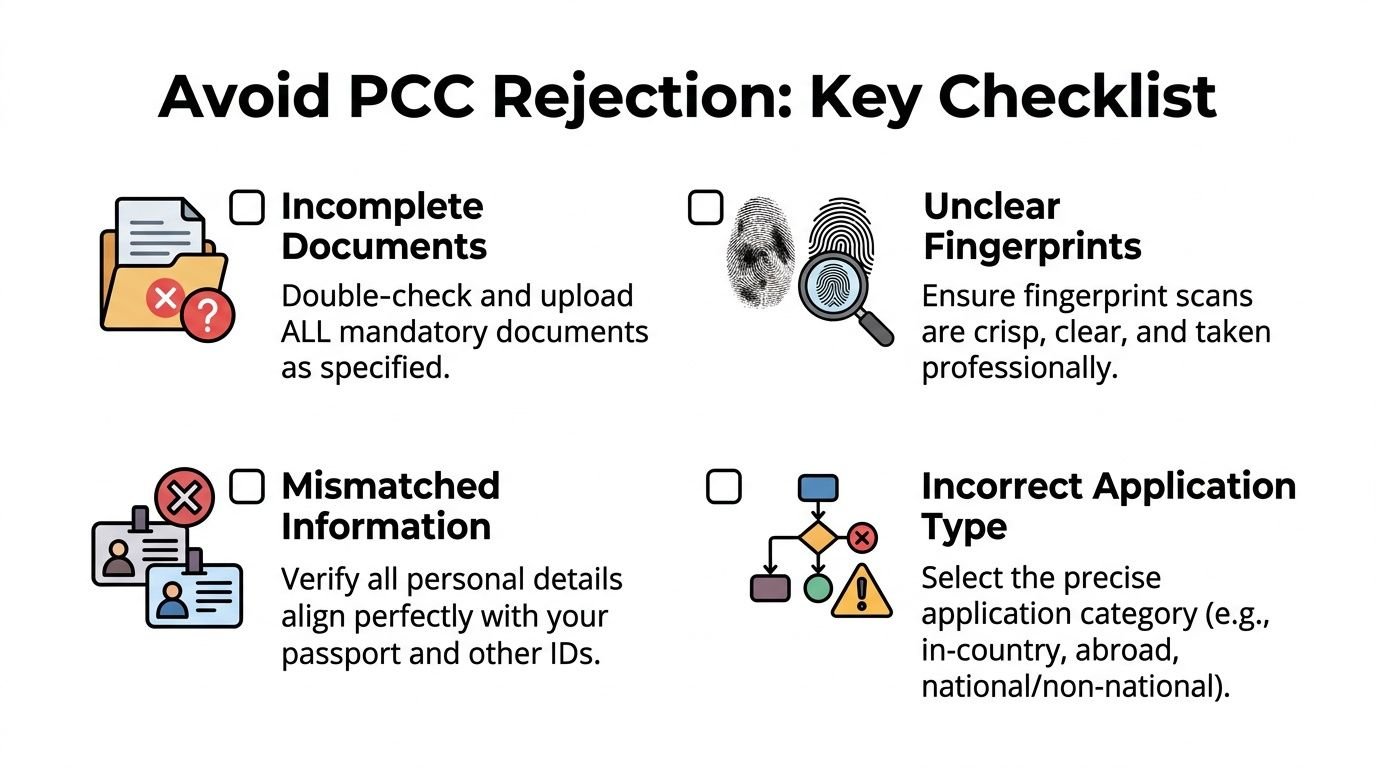 A checklist for avoiding PCC application rejections, highlighting document, fingerprint, information, and category requirements.