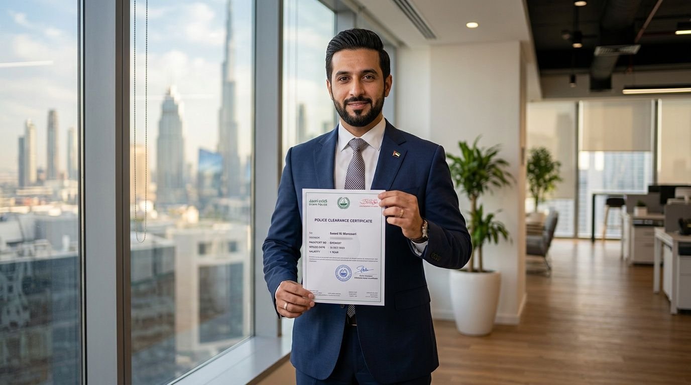 A professional man holding a Dubai Police Clearance Certificate in a modern office with city views.