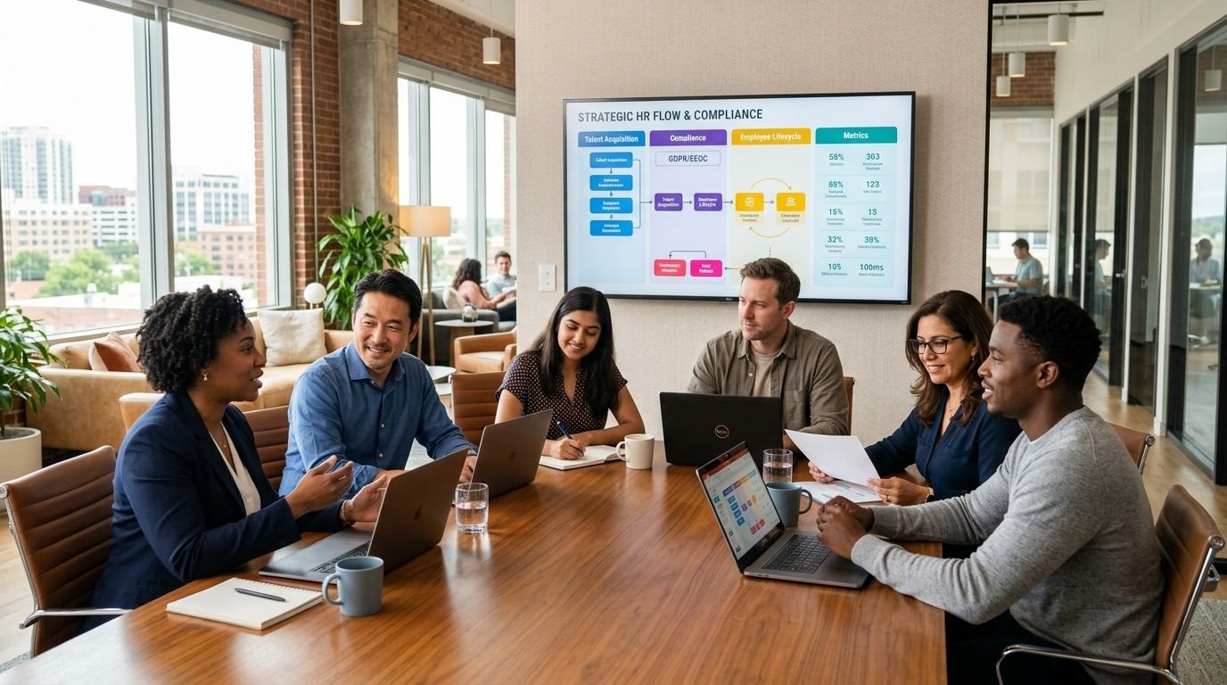 A diverse team of professionals collaborating on a strategic HR and compliance project during a business meeting.