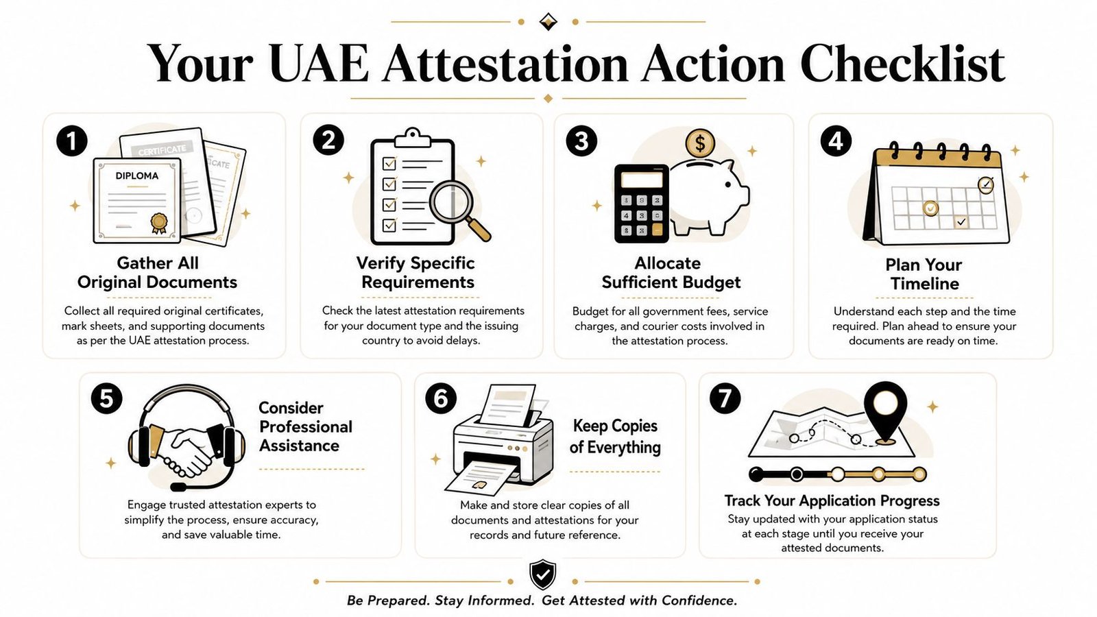 A checklist infographic detailing seven essential steps for completing the UAE educational certificate attestation process successfully.