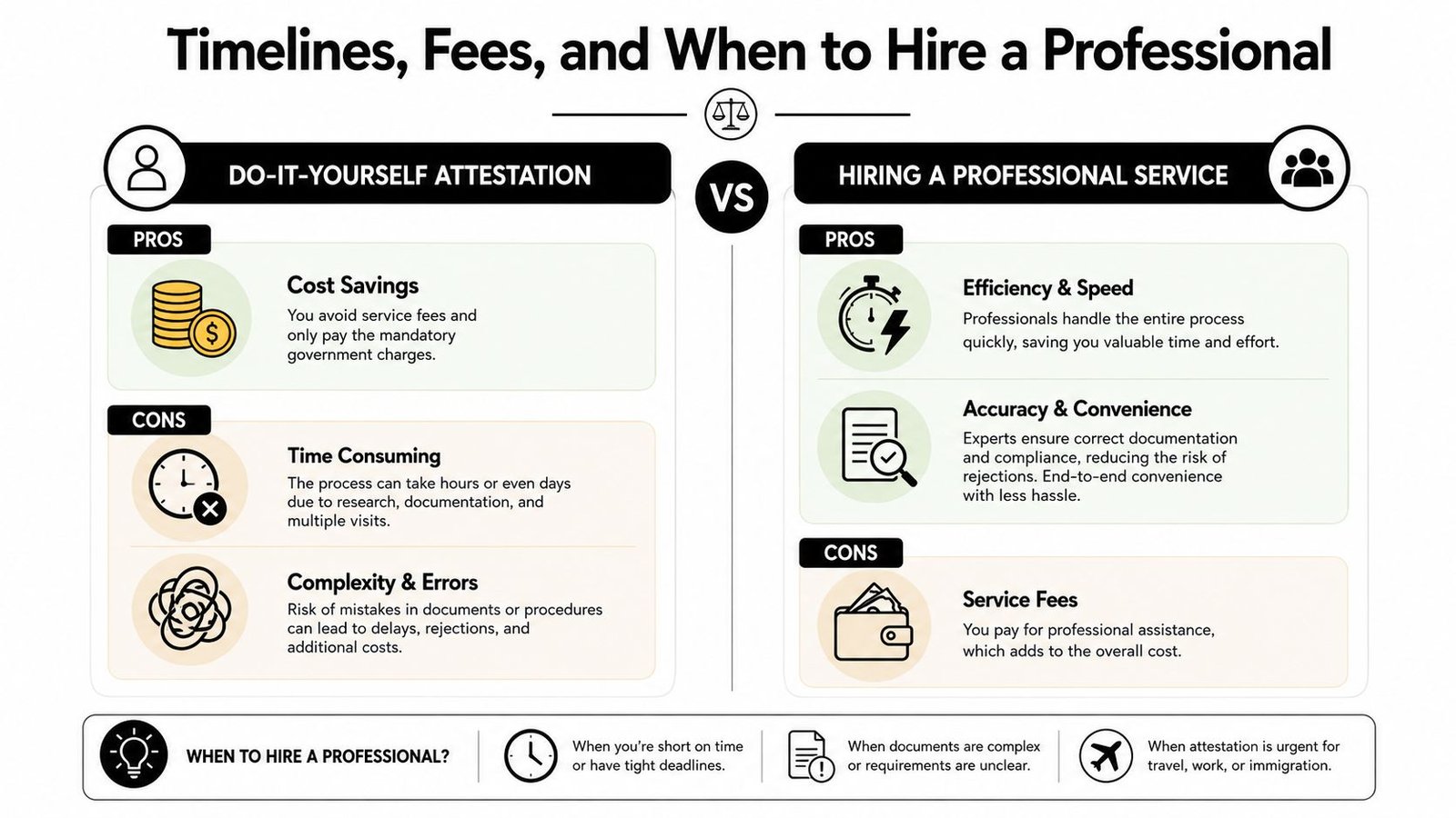 A comparison chart outlining the pros and cons of do-it-yourself certificate attestation versus hiring professional services.