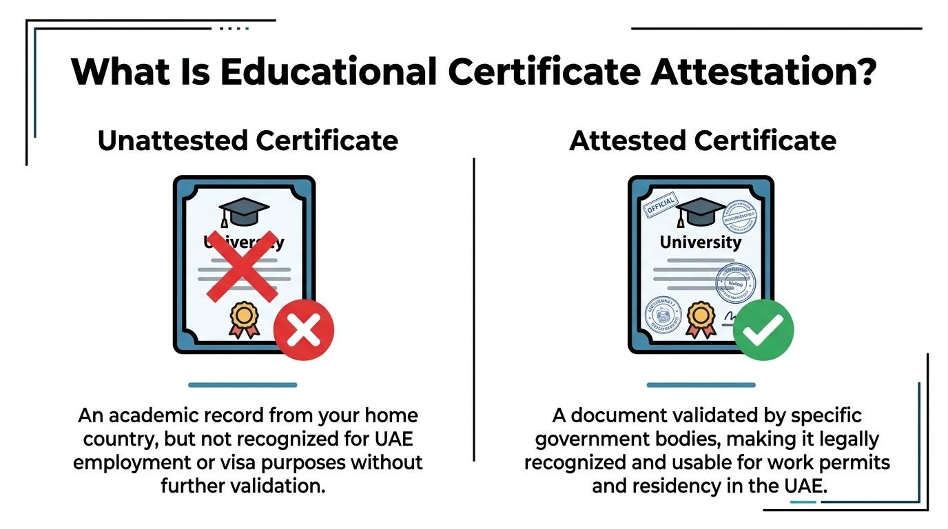 A comparison infographic showing the difference between an unattested and an attested educational certificate for UAE usage.