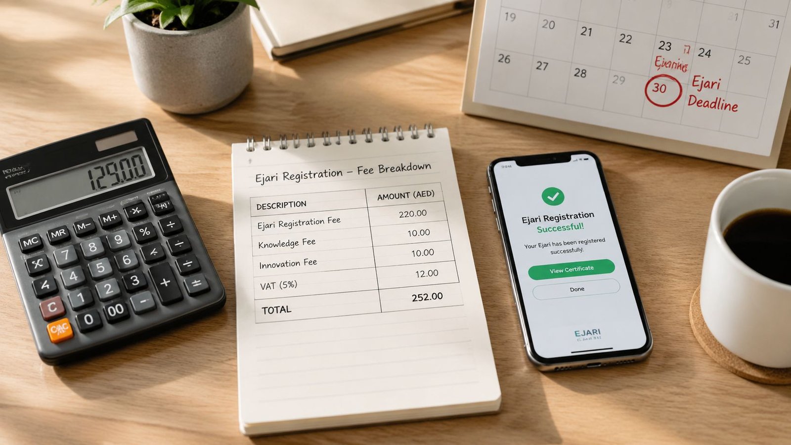A wooden desk featuring a calculator, a notepad with fee breakdown, and a phone showing Ejari success.