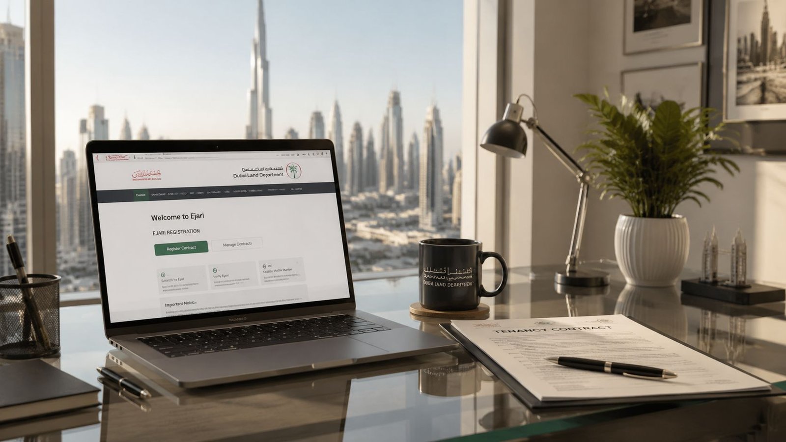A laptop showing the Ejari registration website with Dubai skyline view from a modern office window.