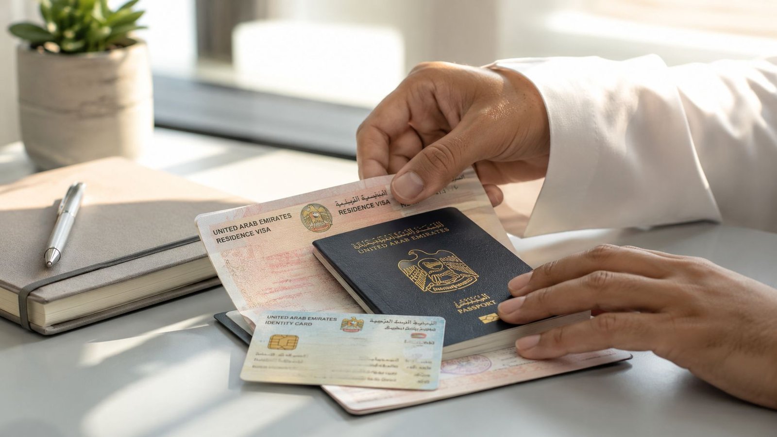 A person in traditional clothing holding a United Arab Emirates passport and residency visa with an identity card.