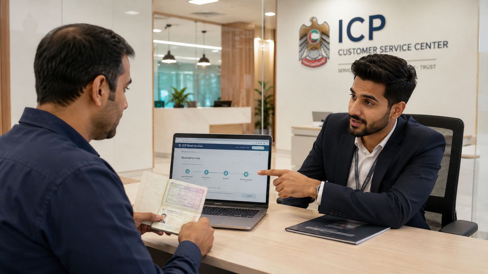 A professional ICP customer service employee assisting a client with the UAE visa renewal process at a desk.