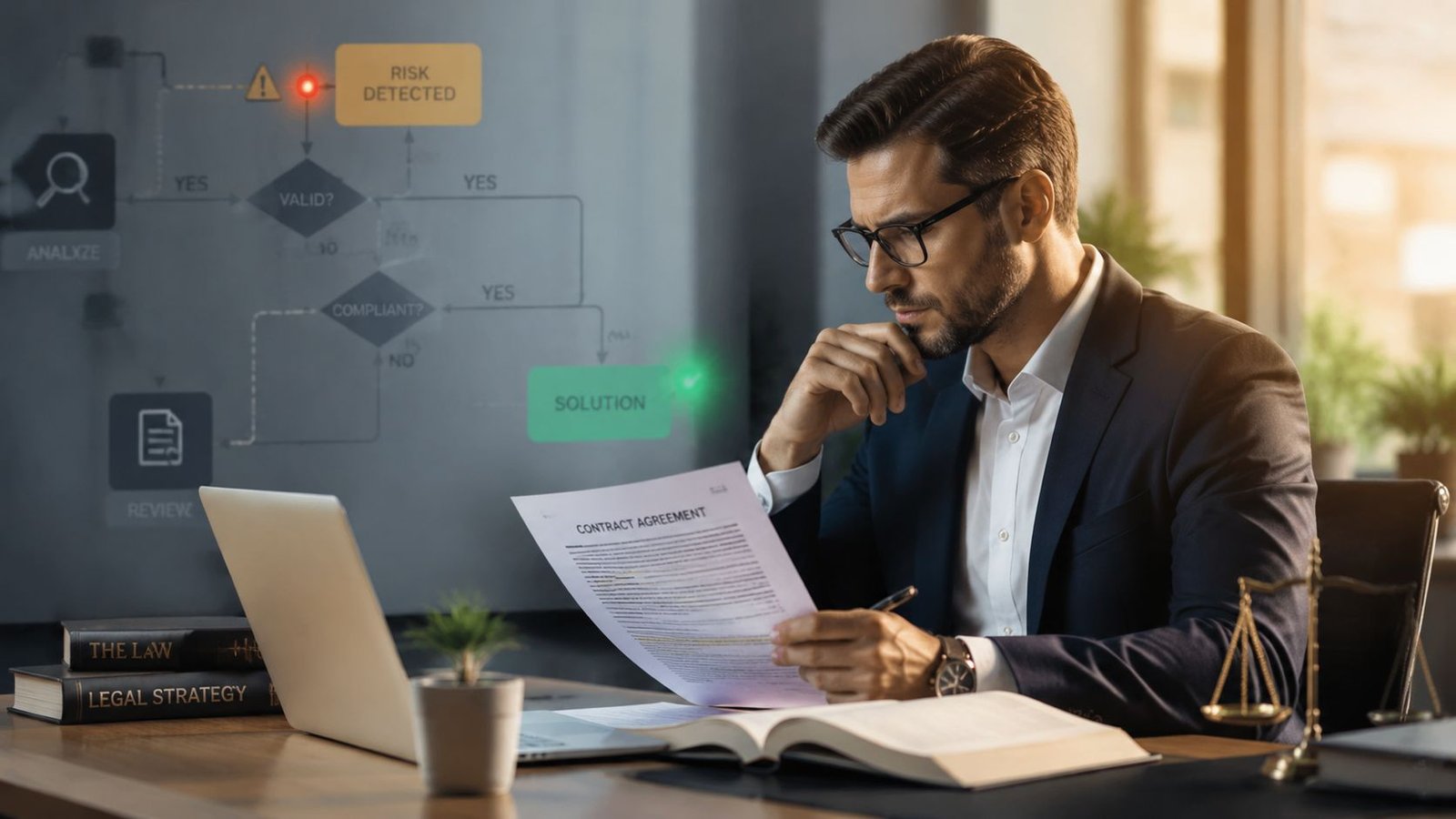 A professional attorney analyzing a contract agreement with digital compliance workflow graphics in an office setting.