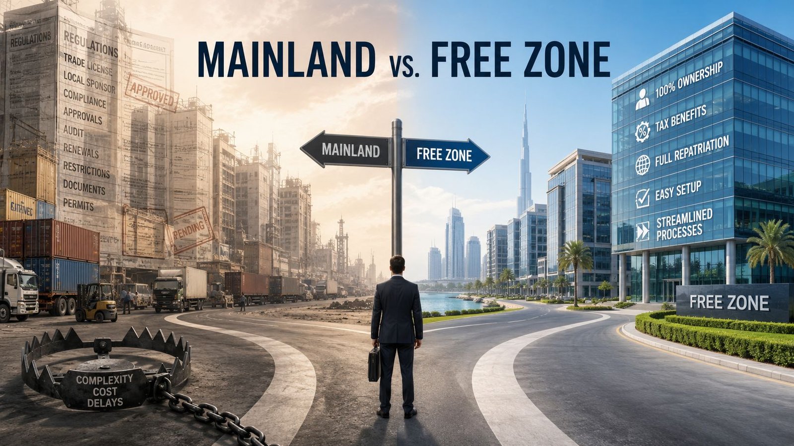 A businessman standing at a crossroads choosing between a complex mainland industrial area and a modern free zone.