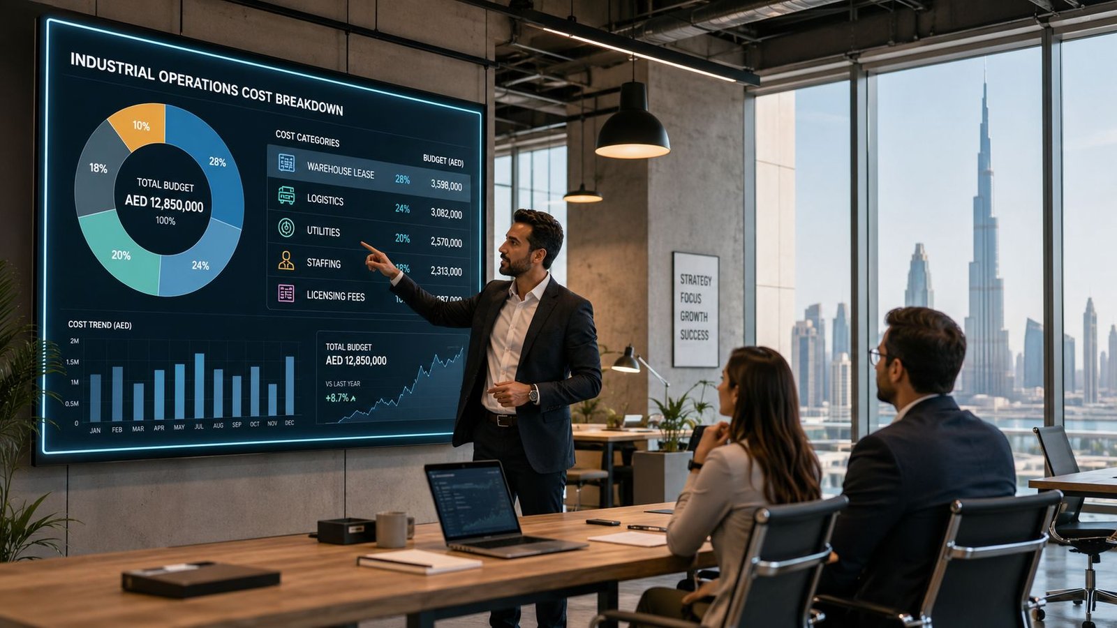 A professional business meeting with a presenter displaying industrial budget data on a large digital screen.