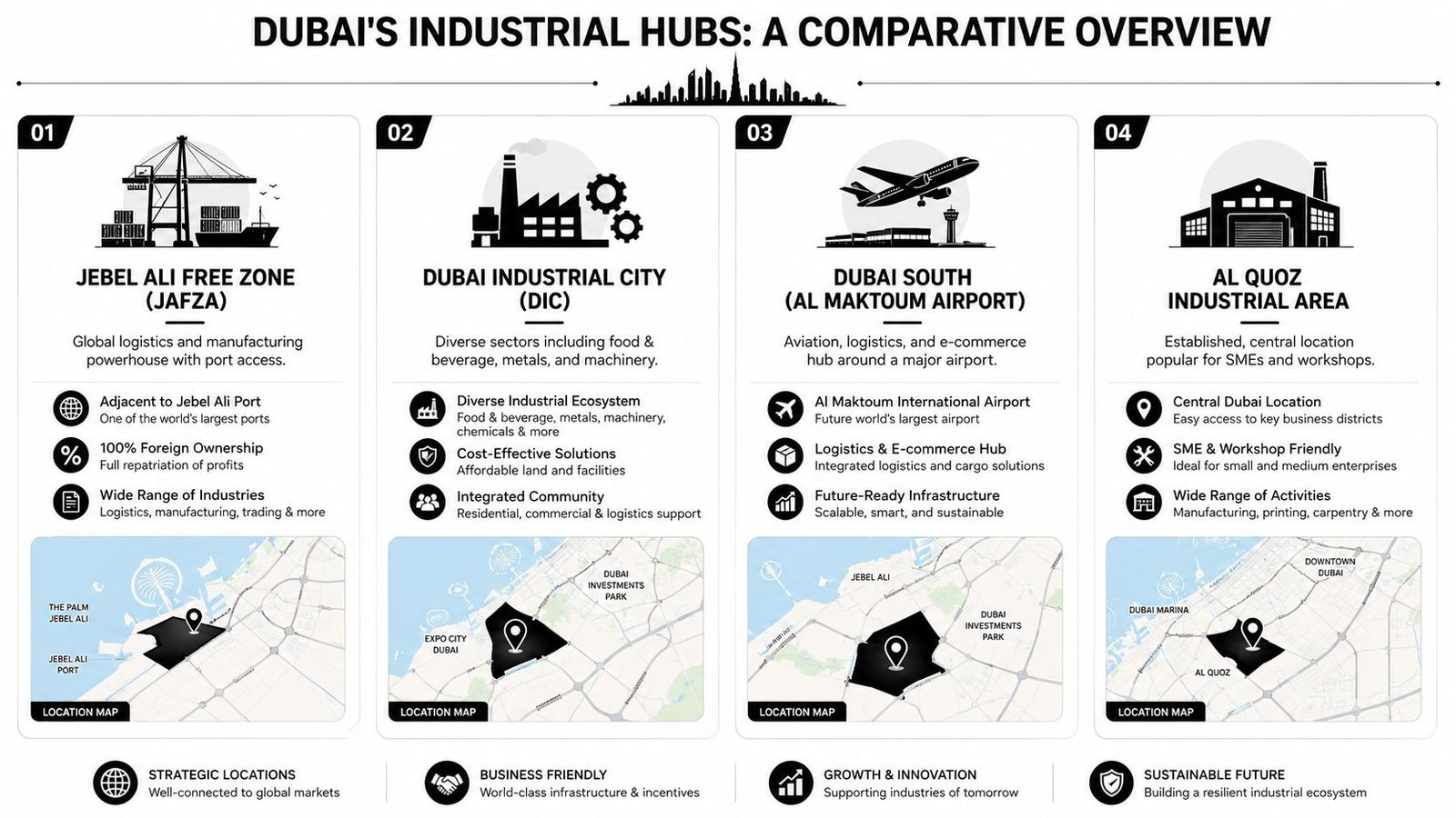 An infographic comparing four key industrial zones in Dubai including JAFZA, DIC, Dubai South, and Al Quoz.