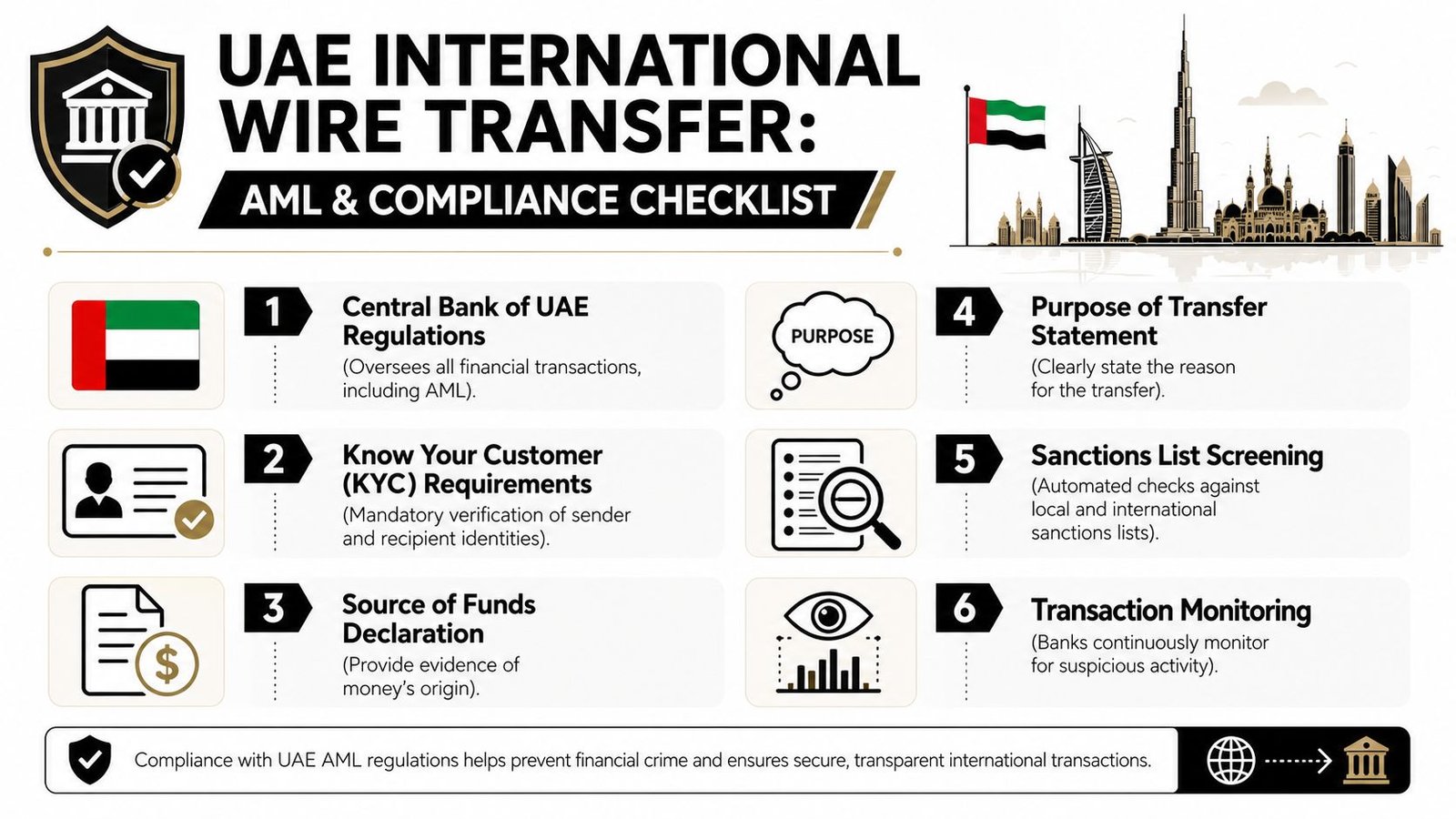 An infographic detailing the UAE international wire transfer AML and compliance checklist for financial transactions.