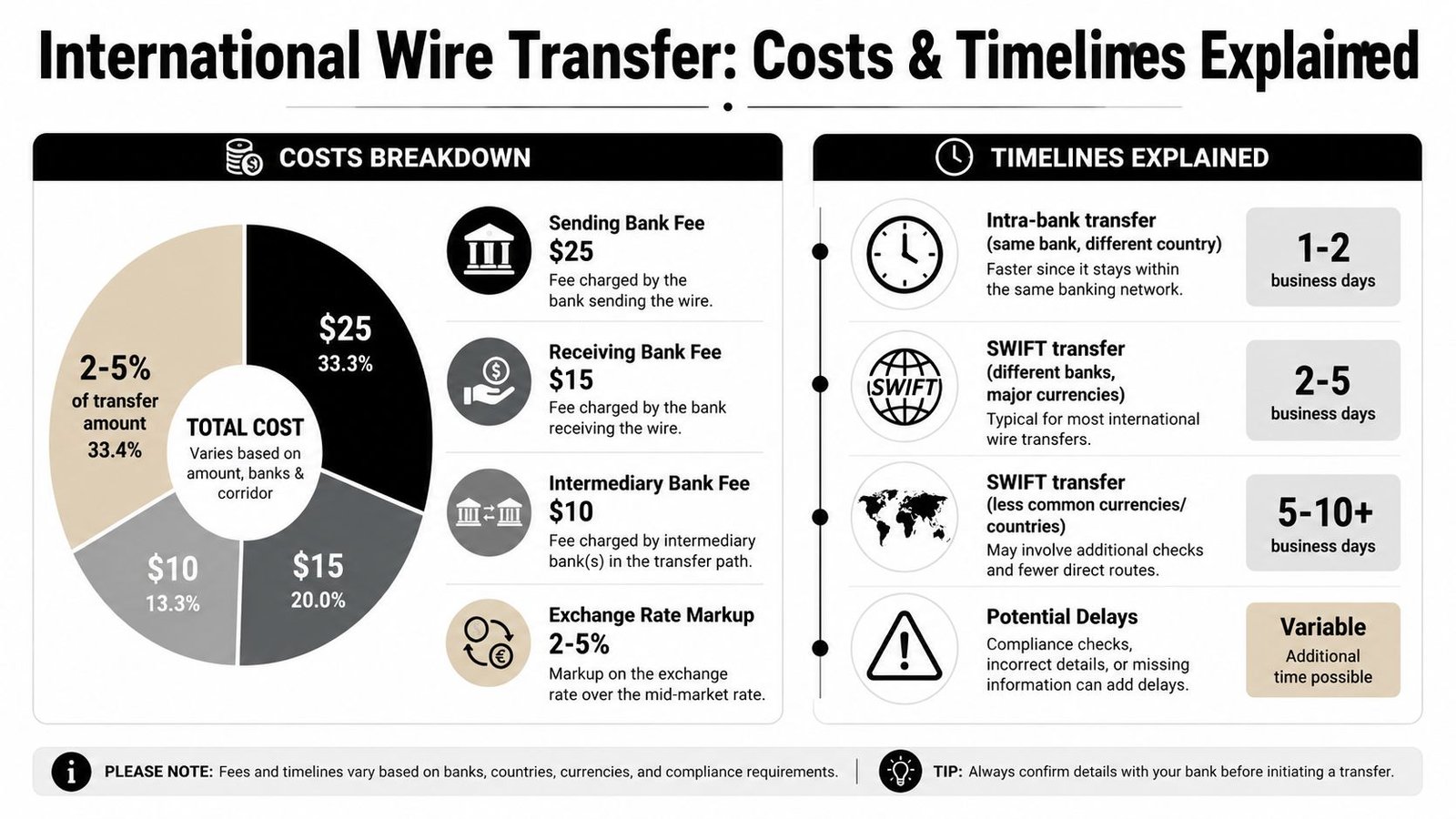 An infographic detailing the typical costs and processing timelines for international wire transfers between global banking institutions.