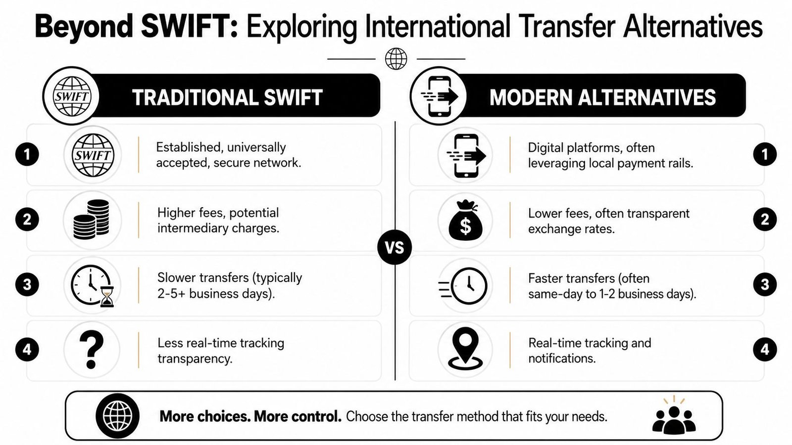 A comparison chart showing the differences between traditional SWIFT international banking and modern digital money transfer alternatives.