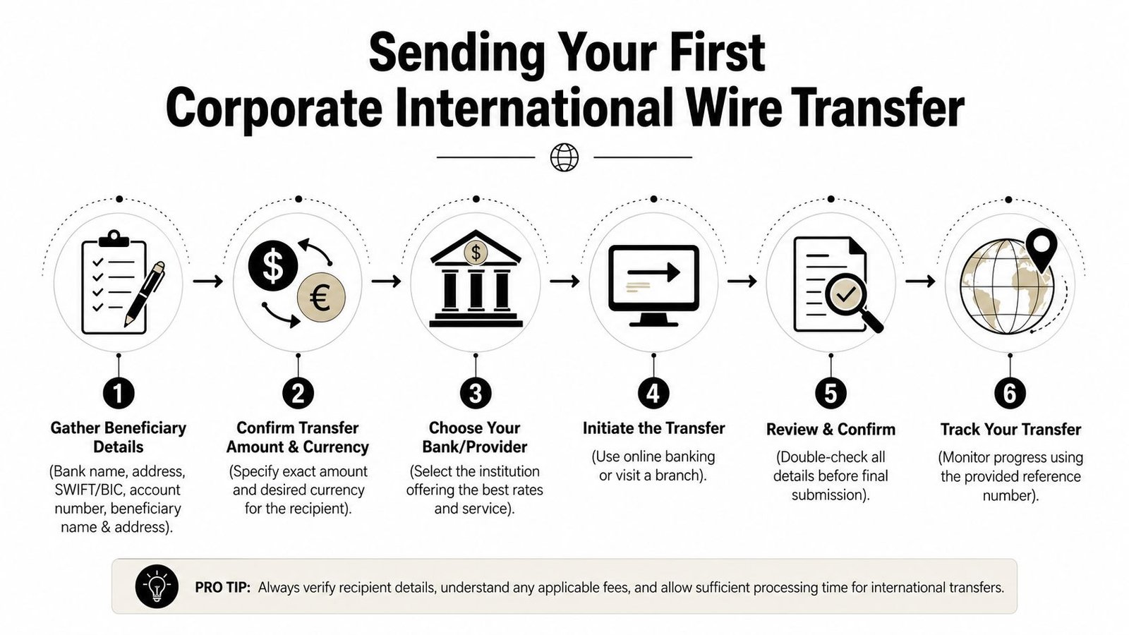 A six-step infographic guide explaining how to perform your first corporate international wire transfer successfully.