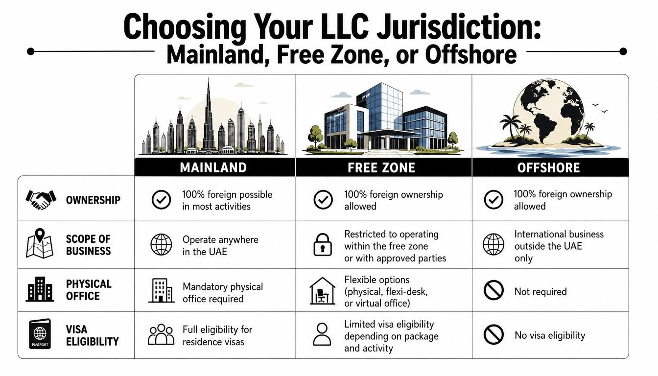 A comparison chart outlining differences between Mainland, Free Zone, and Offshore LLC business structures in the UAE.