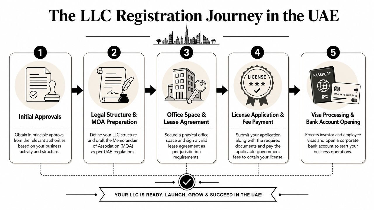 A five-step infographic showing the business registration process for an LLC in the UAE.