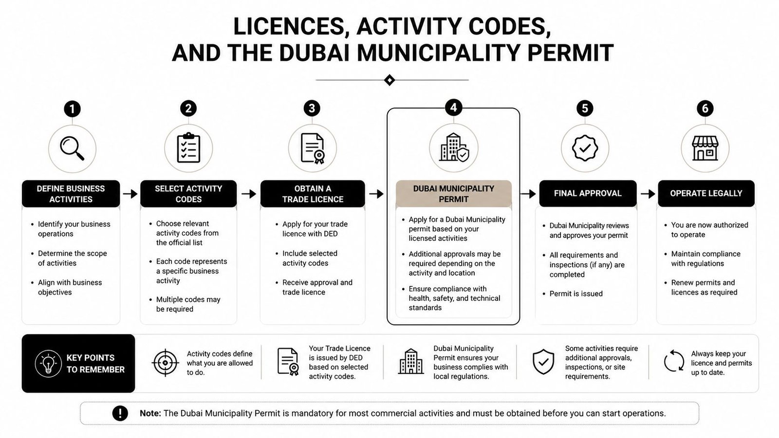 A six-step infographic guide explaining the process of obtaining business licences, activity codes, and Dubai Municipality permits.