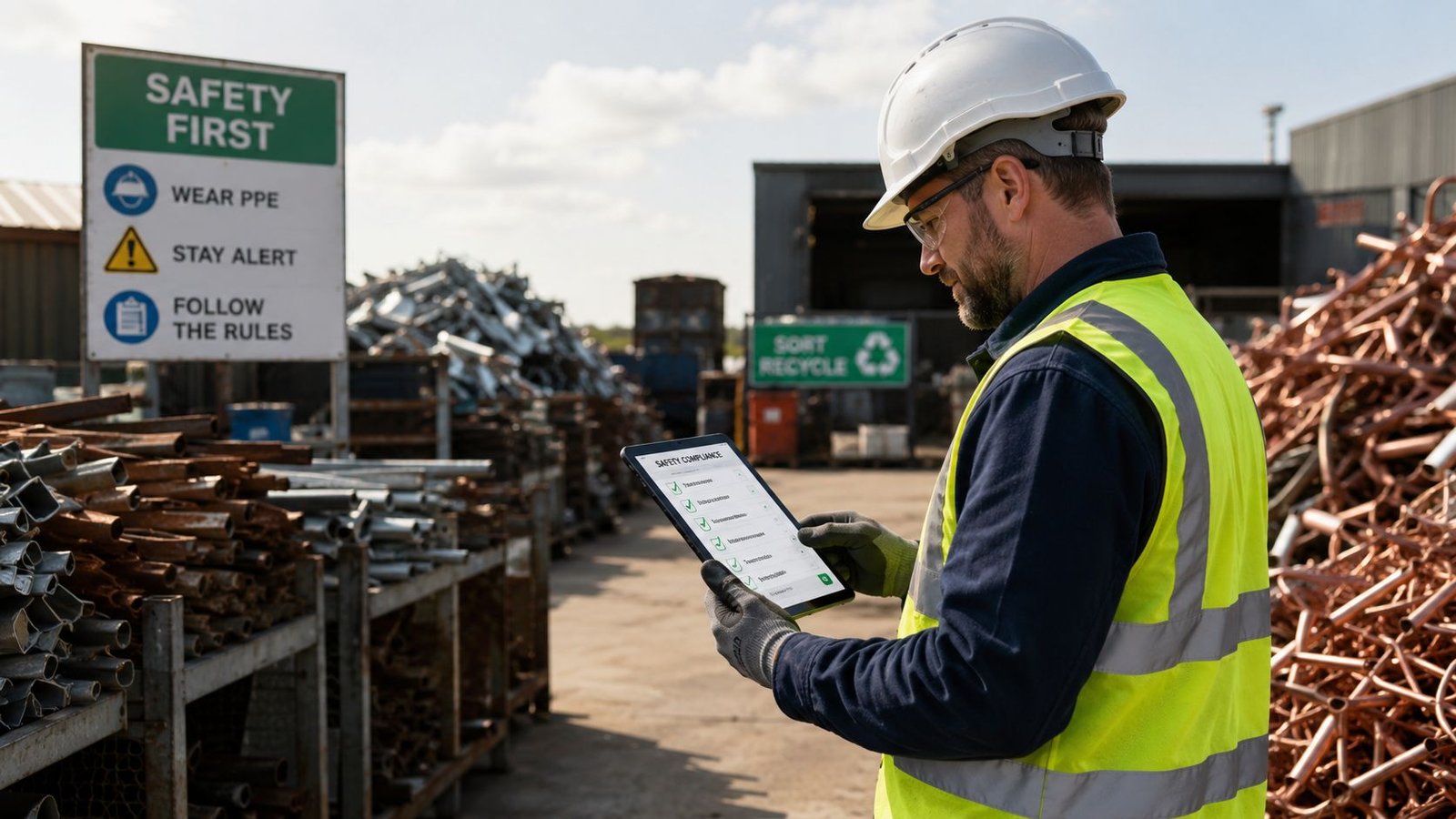 A professional construction worker inspecting a digital safety compliance checklist on a tablet at a scrapyard.