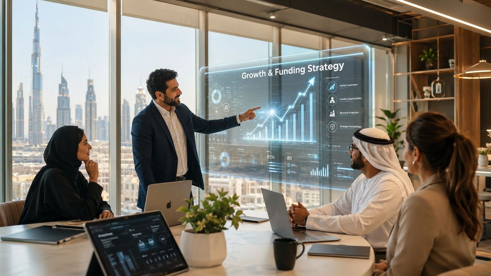 A diverse business team in a modern Dubai office viewing a holographic growth and funding strategy presentation.