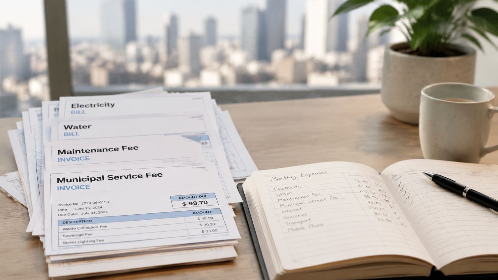 A neatly organized stack of property bills and invoices on a wooden desk next to a notebook.