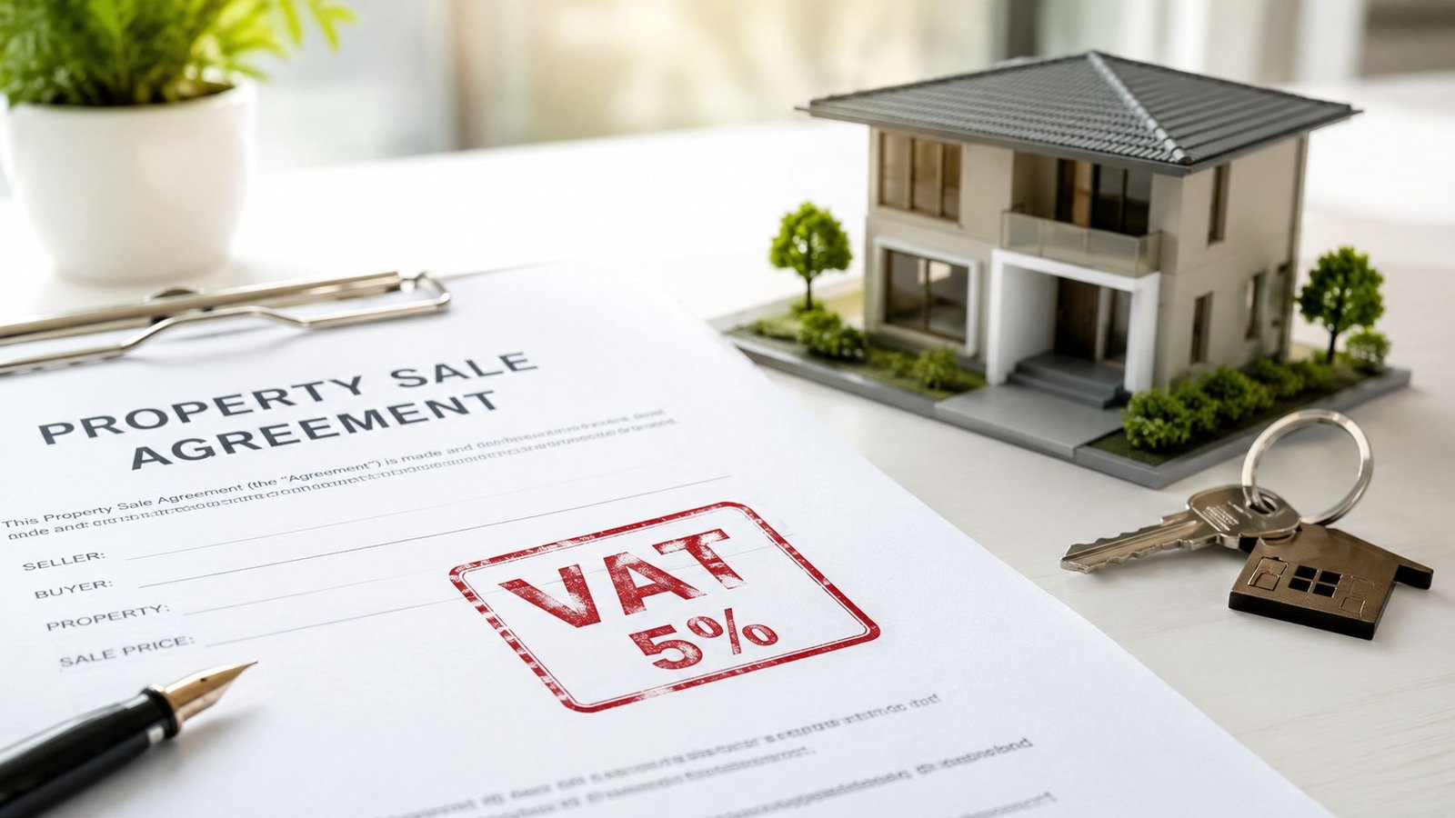 A document titled Property Sale Agreement with a 5% VAT stamp next to a model house and keys.