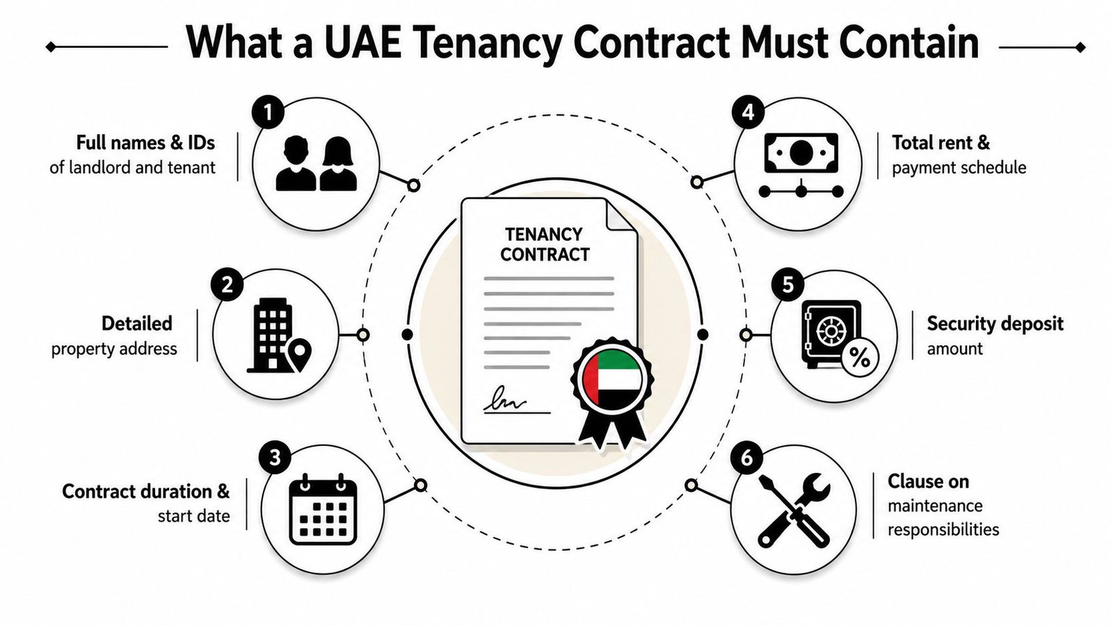 An infographic outlining the six essential elements required in a valid UAE tenancy contract agreement.