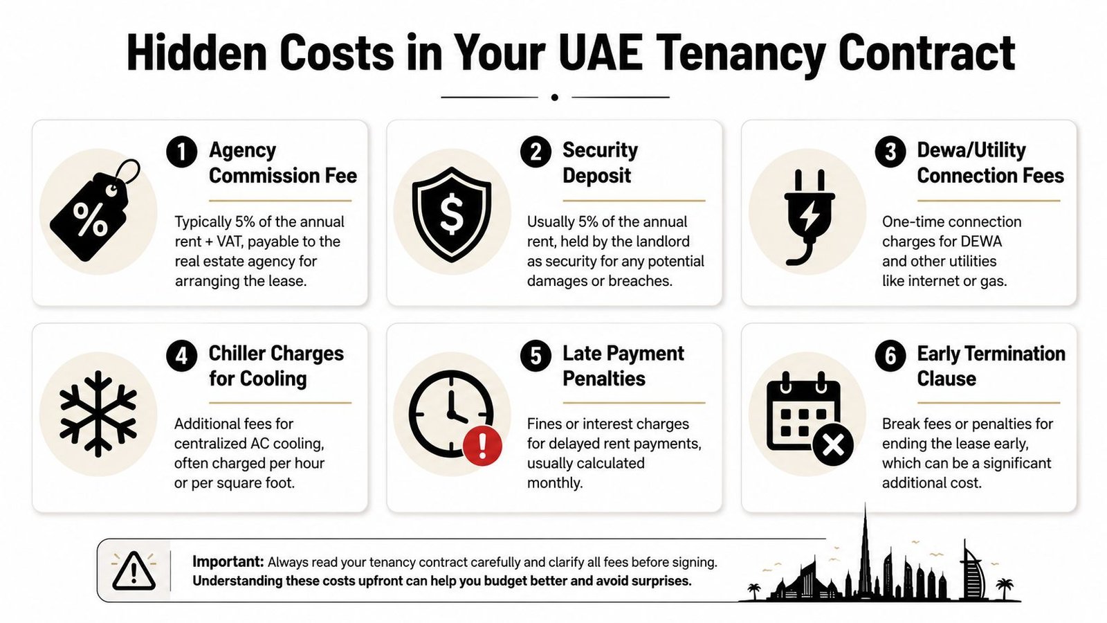 An infographic detailing six common hidden financial costs associated with signing a property tenancy contract in the UAE.