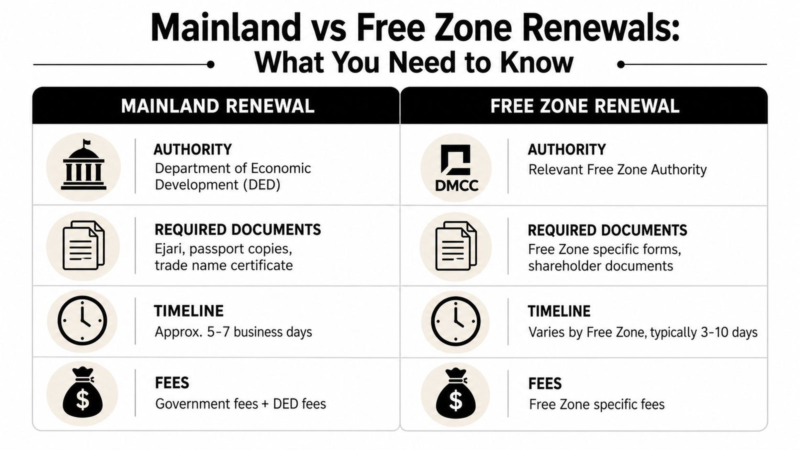 A comparison chart outlining key differences between UAE Mainland and Free Zone business trade license renewal processes.