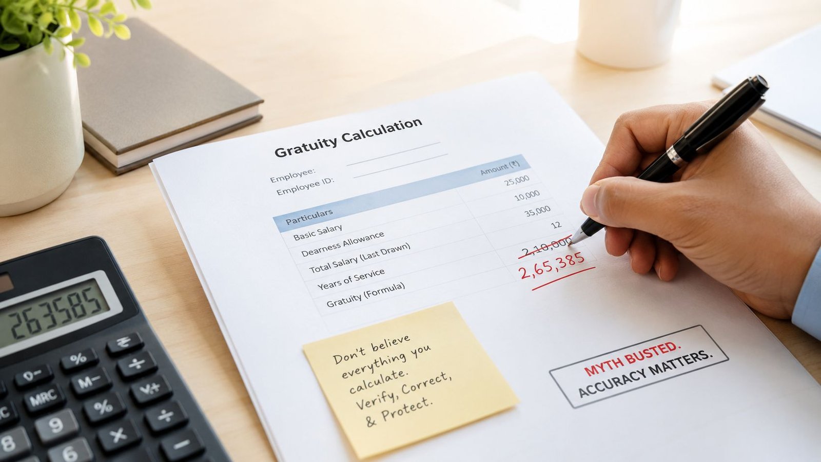 A person calculating gratuity on a paper form with a pen and a calculator on a desk.
