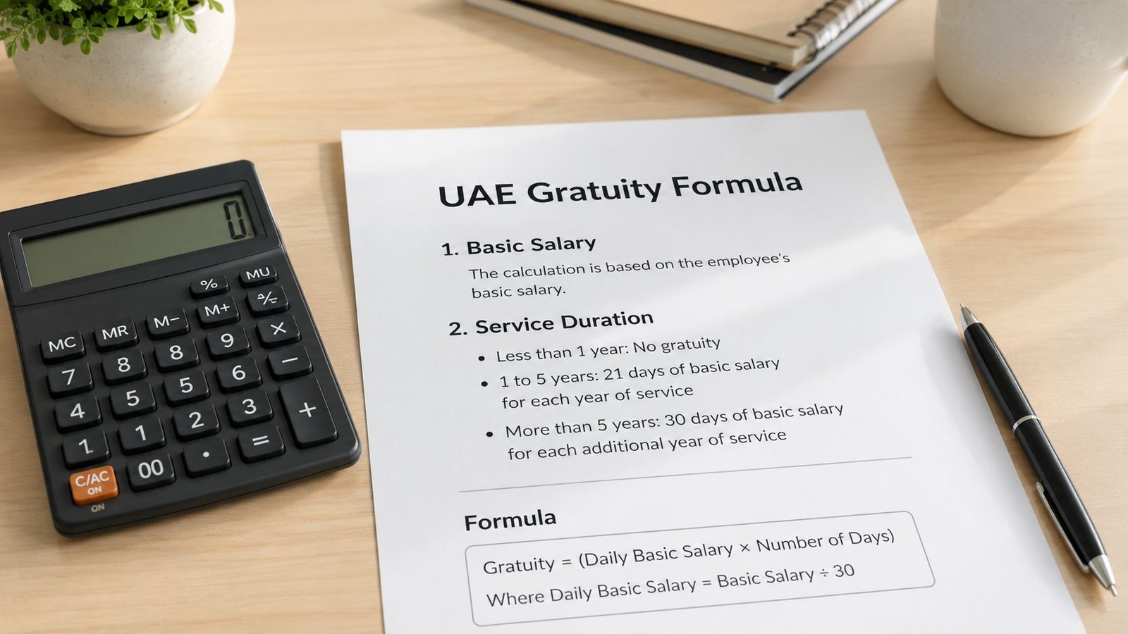 A document showing the UAE gratuity formula next to a calculator and a pen on a desk.