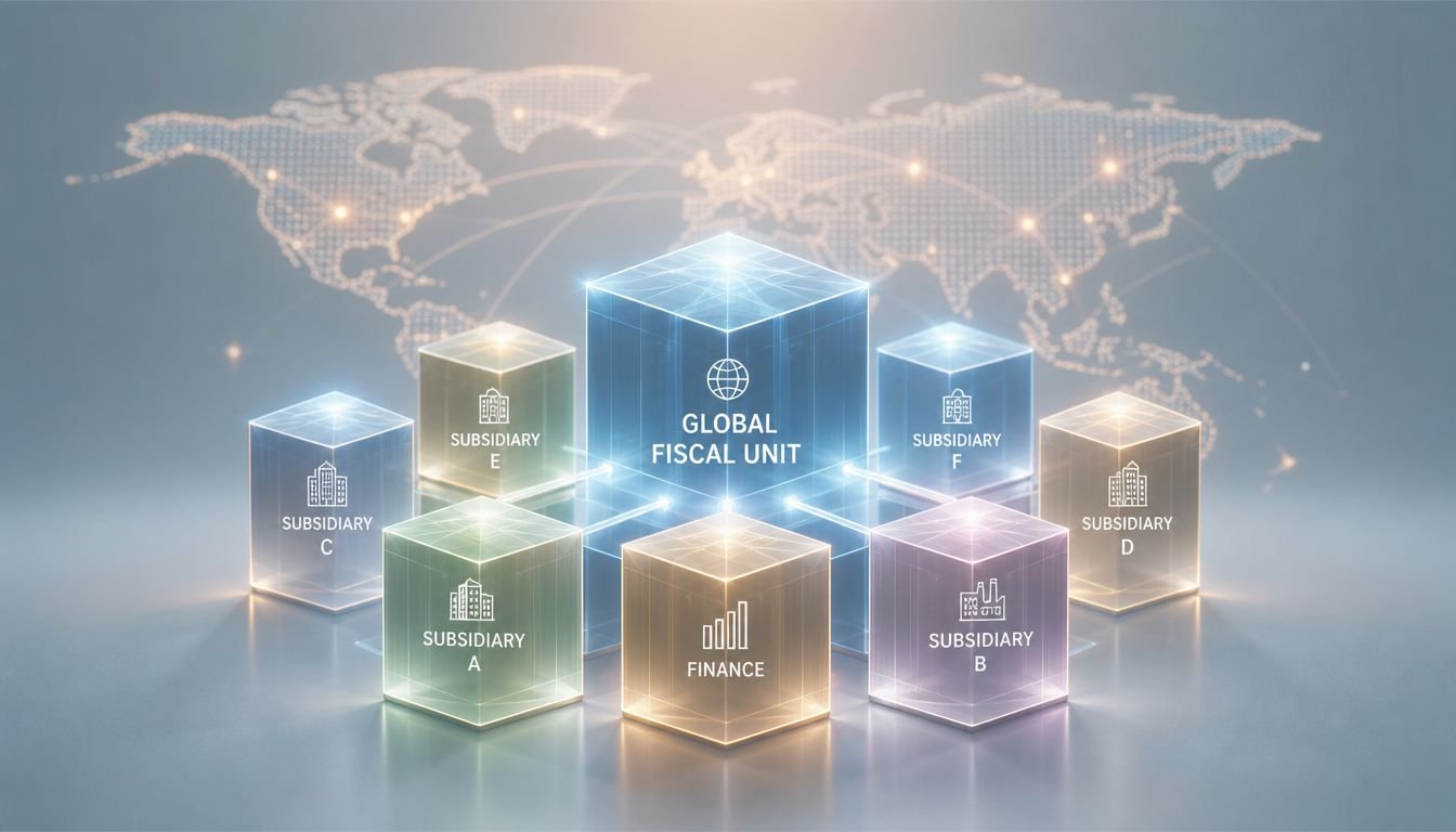 A digital illustration of a global fiscal unit connected to six various subsidiary and finance cubes.