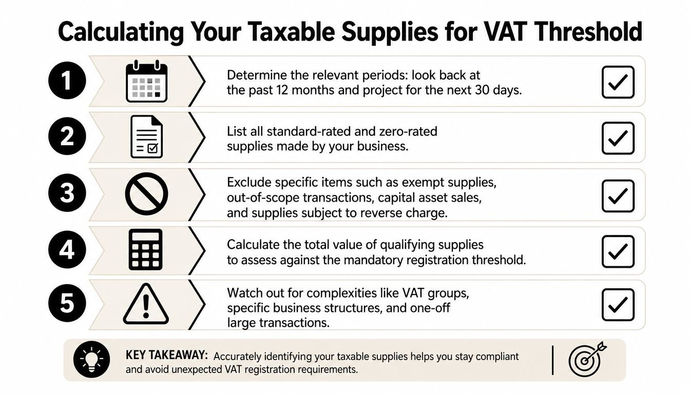 A five-step guide showing how to calculate taxable supplies for determining VAT registration thresholds.