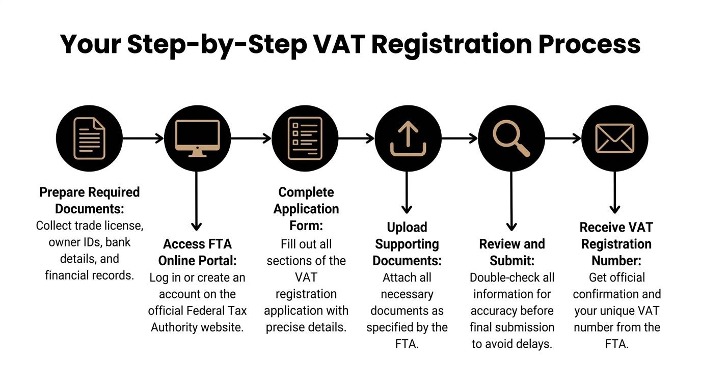 A step-by-step infographic illustrating the VAT registration process for businesses with the Federal Tax Authority.