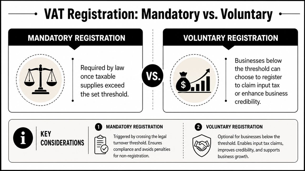 An infographic comparing mandatory and voluntary VAT registration, explaining requirements, thresholds, and business benefits for each.
